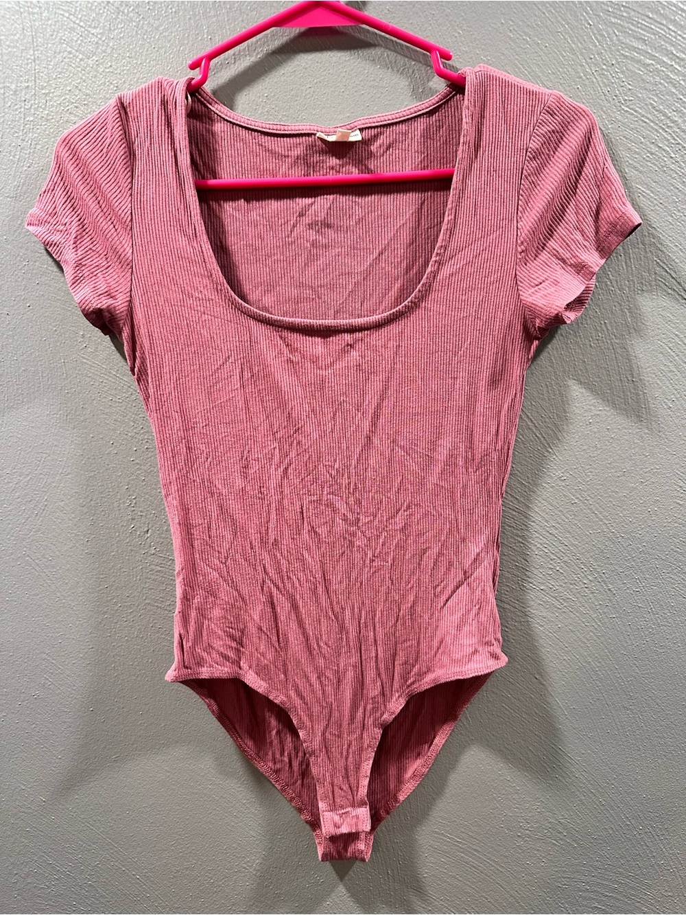 Self Esteem Pink Ribbed Scoop Neck Short Sleeve Bodysuit